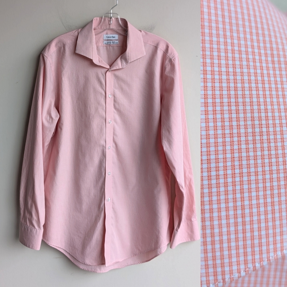 Calvin Klein Plaid Check Button Down Dress Shirt - Orange And White